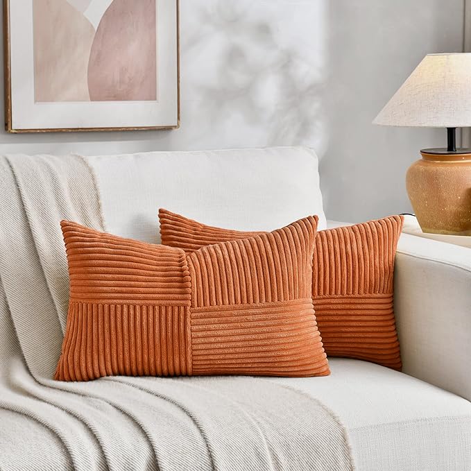 Fancy Homi 2 Packs Orange Long Lumbar Decorative Throw Pillow Covers 16x24 Inch for Couch Bed Sofa, Rustic Farmhouse Boho Home Decor, Soft Striped Corduroy Rectangle Accent Cushion Case 40x60 cm-Ruum Studio Home