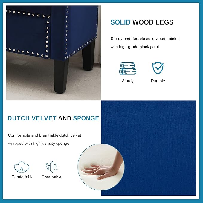 Storage Ottoman Bench, Velvet Upholstered Footstool for Bedroom and Living Room, Tufted Seat with Storage, Wooden Legs & Metal Rivets, Dark Blue-Ruum Studio Home