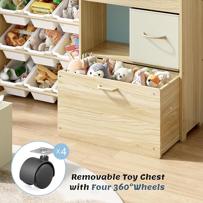 Toy Storage Organizer for Kids, 9-Bin Toy Organizer with 2-Drawers,Movable Toy Chest and Top Rack, Multifunctional Kids Bookshelf and Toy Storage for Living Room, Playroom, Nursery, White-Ruum Studio Home