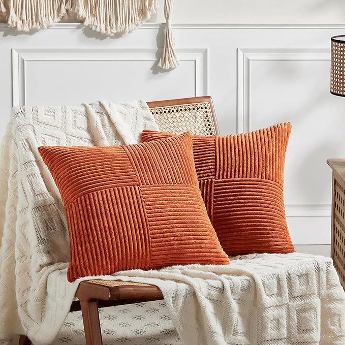 Fancy Homi 2 Packs Burnt Orange Samll Fall Decorative Throw Pillow Covers 14x14 Inch with for Couch Bed Sofa, Farmhouse Boho Home Decor, Soft Corss Patchwork Corduroy Square Cushion Case 35x35 cm-Ruum Studio Home