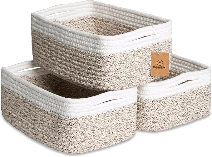 NaturalCozy 11.8"x8"x4.5” Storage Baskets for Shelves 3 Pack | Cotton Rope Woven Small Baskets for Organizing | Small Storage Bins for Nursery, Bathroom, Closet, Cube Shelf, Decorative, Gift Basket-Ruum Studio Home