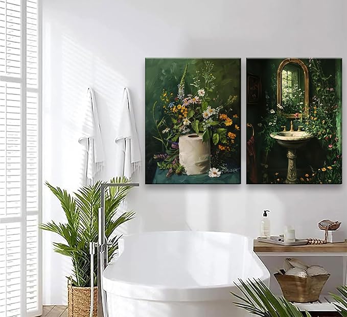 3Pcs Framed Vintage Dark Green Bathroom Wall Art Shower Toilet Paper Roll Floral Poster Print Modern Farmhouse plants Painting Picture Wall Decor For Bathroom Living Room Decoration-Ruum Studio Home