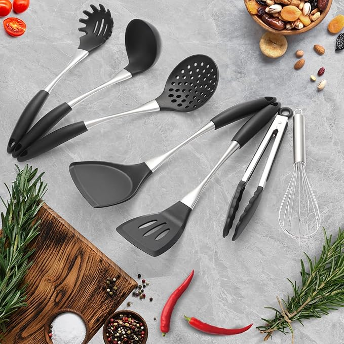 Premium Black Silicone Cooking Utensils Set - Non-Toxic, Heat Resistant& Non-Stick Kitchen Utensils Set with Spatula, Spoon, Whisk, Tongs, BPA Free, Dishwasher Safe, Black-Ruum Studio Home