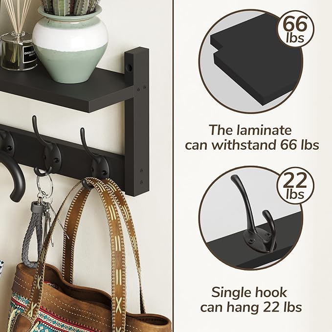 AMBIRD 34.2" Extra Long Wooden Wall Hook Rack with Shelf - Versatile and Decorative Wall-Mounted Storage with 10 Hooks for Coats, Hats, Keys, Scarves - Ideal for Entryways, Bedrooms, Closets (Black)-Ruum Studio Home