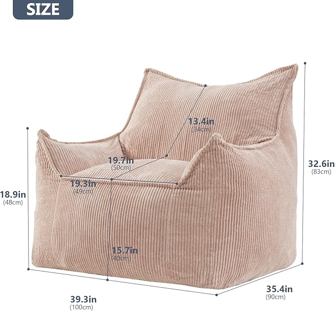 Giant Bean Bag Chair Sofa for Adults Teens, Comfy Corduroy Large Bean Bag Chairs with Armrests for Bedroom Living Room, Adult BeanBag Lazy Sofa Couch Chairs with Filler Included-Ruum Studio Home