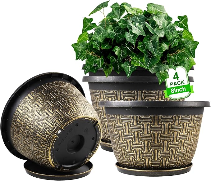 8 Inch Plant Pots, 4 Pack Flower Pot Outdoor with Drainage Holes & Trays, Retro Antique Imitation Decorative Garden Plastic Planters Pots for Plants Indoor Sets for Houseplants-Ruum Studio Home