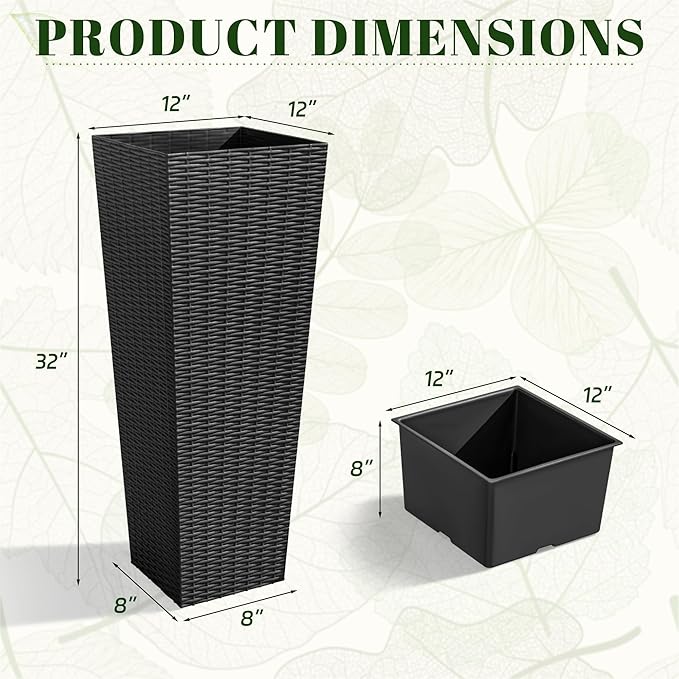 JUMMICO Set of 2 Resin Rattan Tall Planters for Outdoor Plants, Large Tapered Planters with Drainage Holes&Inner Trays, Flower Pots for Garden, Patio, Porch, Backyard (Black, 32'')-Ruum Studio Home