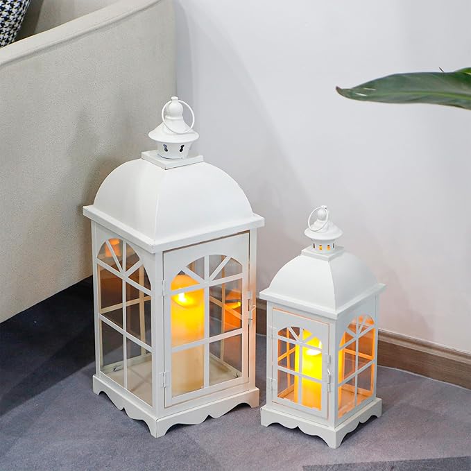 TRIROCKS Set of 2 Decorative Vintage Candle Lanterns 14.5"&20" H Farmhouse Outdoor Hanging Lanterns with Tempered Glass for Porch, Balcony, Patio, Home, Centerpieces, Indoor, Outdoor(White)-Ruum Studio Home