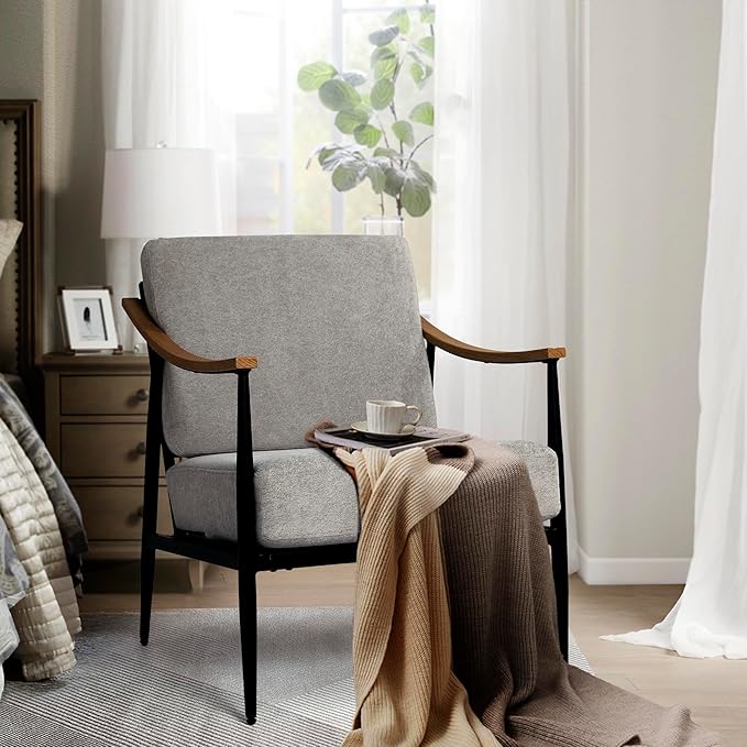 Modern Accent Chairs Set of 2 for Living Room Bedroom Mid Century Arm Chairs Upholstered Office Accent Chairs Comfy Waiting Room Chairs with Metal Frame, Grey-Ruum Studio Home