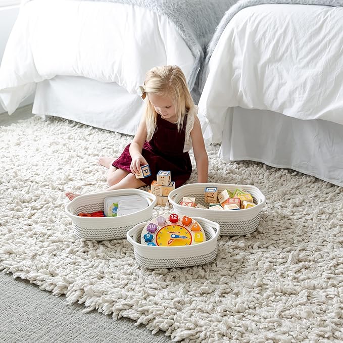 NaturalCozy 5-Piece Rectangle Storage Basket Set- Natural Cotton Rope Woven Baskets for Organizing! Small Basket for Montessori, Baby Nursery, Dog Toy Baskets, Cat Toy Box, Bathroom Organization Bin-Ruum Studio Home