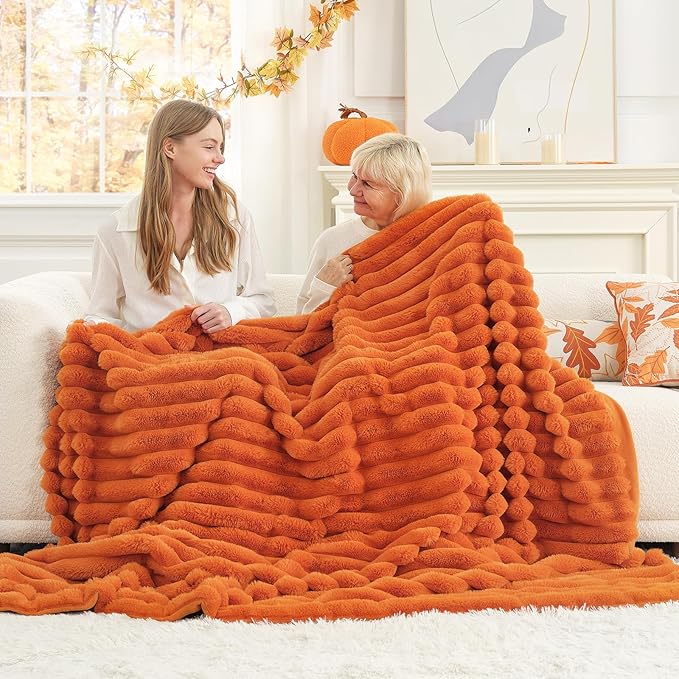 Cozy Bliss Fall Harvest Faux Fur Throw Blanket for Couch, Cozy Warm Plush Striped Blanket for for Decorating Couch Sofa Bedroom Living Room,50 * 60 Inches Burnt Orange-Ruum Studio Home