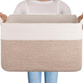 OIAHOMY 95L Blanket Basket, 24”x17”x14”, Large Woven Basket for Storage, Nursery Cotton Rope Basket with Handle, Living Room, Nursery, Bedroom,Toy Storage Organizer Bins, Brown and White-Ruum Studio Home