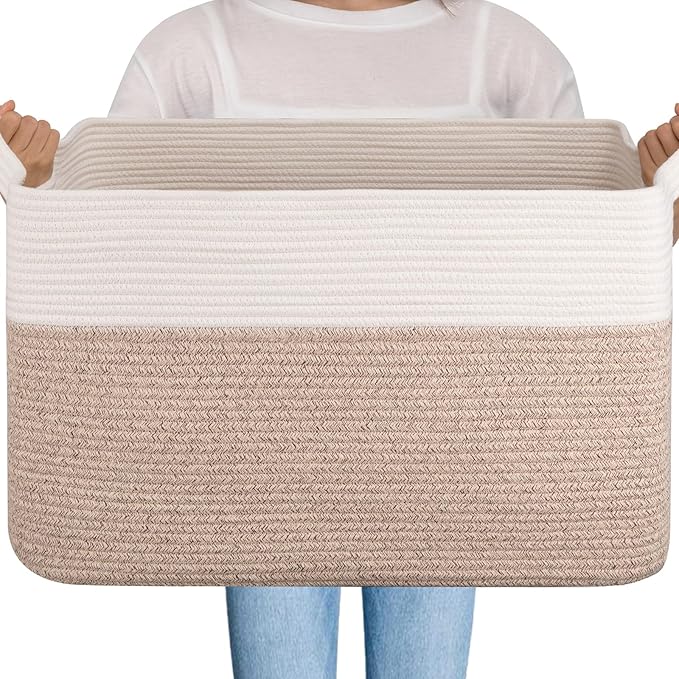 OIAHOMY 95L Blanket Basket, 24”x17”x14”, Large Woven Basket for Storage, Nursery Cotton Rope Basket with Handle, Living Room, Nursery, Bedroom,Toy Storage Organizer Bins, Brown and White-Ruum Studio Home
