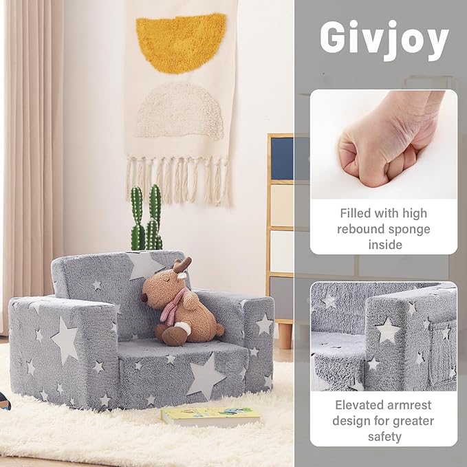 Toddler Chair Plush Kids Couch, 2-in-1 Comfy Armchair Removable and Washable Cover Carrying Handle, Convertible Reading Chair Toddler Couch for Girls and Boys, Glow in The Dark Grey Star-Ruum Studio Home