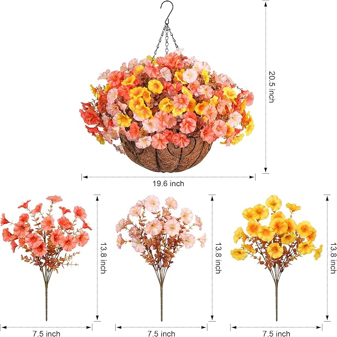 Artificial Fall Flowers Fake Hanging Plants Flowers Basket for Outdoors Autumn Decoration, Silk Morning Glory with Eucalyptus Look Real UV Resistant Faux Flowers for Outside Porch Patio Balcony, Mix-Ruum Studio Home