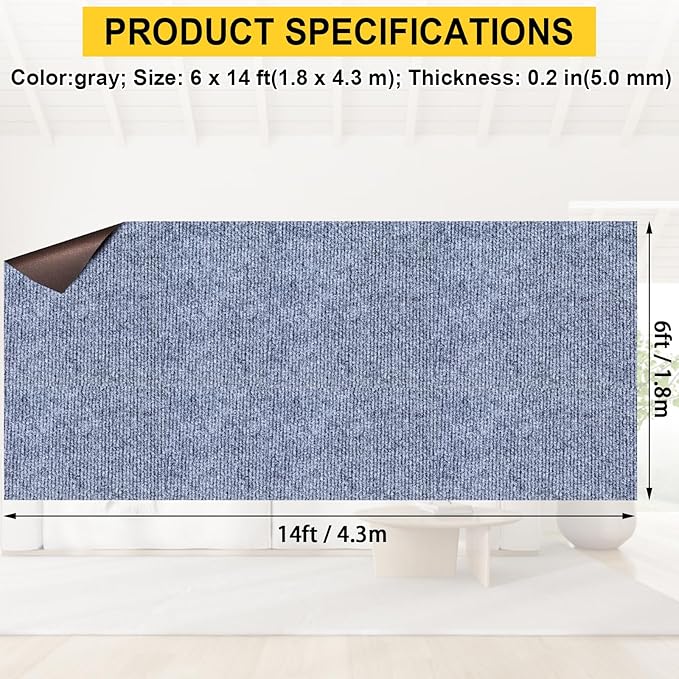 Marine Carpet,6 FT x 14 FT Blue-Gray Indoor Outdoor Carpet 0.2" Thick Boat Carpet with Water-Proof TPE Backing, Non-Slide Outdoor Marine Carpet Roll for Home, Patio, Porch, Deck-Ruum Studio Home