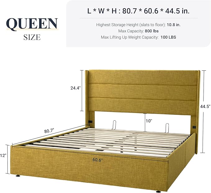 Allewie Queen Size Lift Up Storage Bed, Modern Wingback Headboard, Hydraulic Support, No Box Spring Needed, Olive Yellow-Ruum Studio Home
