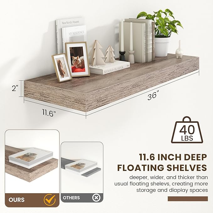 Deep Floating Shelves for Wall | 36 Inch Wide x 12 Inch Deep Floating Shelves | 36W x 12D Rustic Grey Wood Wide Wall Shelves | Bookshelf Laundry Shelf TV Shelf-Ruum Studio Home