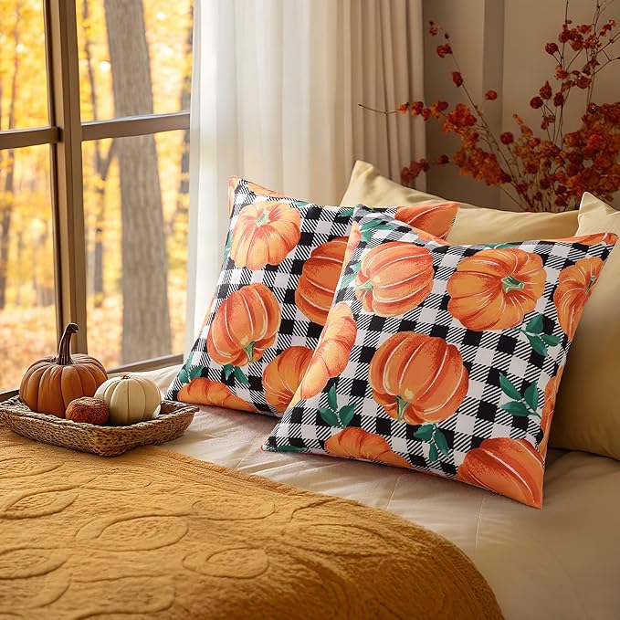 decorUhome Fall Orange Pumpkin Decorative Throw Pillow Covers 20x20 Set of 2, Buffalo Plaid Check Farmhouse Cushion Covers for Autumn Harvest Couch Sofa Bed Home Decor-Ruum Studio Home