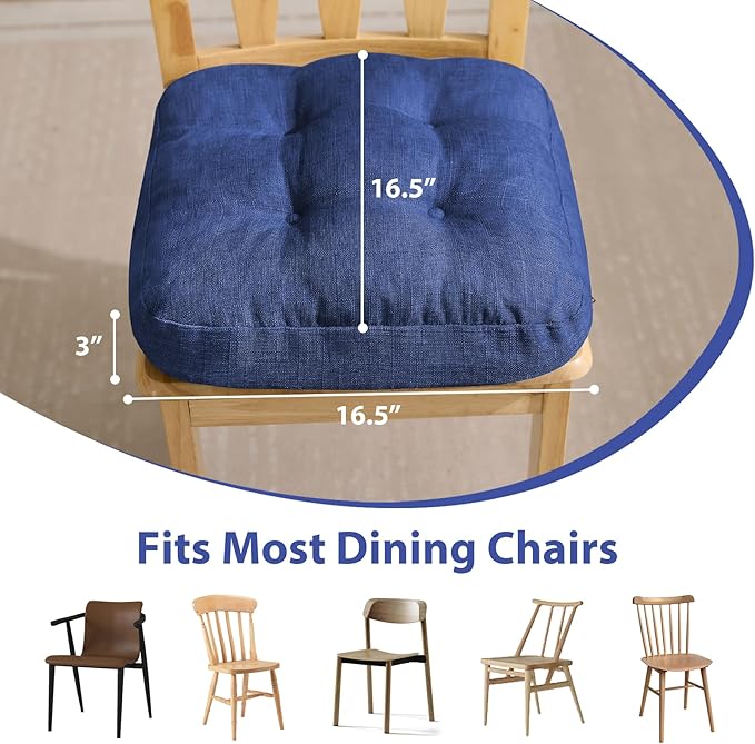 Chair Cushions for Dining Chairs, Dining Chair Cushions, Tufted Indoor Chair Pads with Ties & Non Slip Backing, Seat Cushions for Kitchen Chairs 16.5” x 16.5” x 3.5”, Set of 6, Navy Blue-Ruum Studio Home