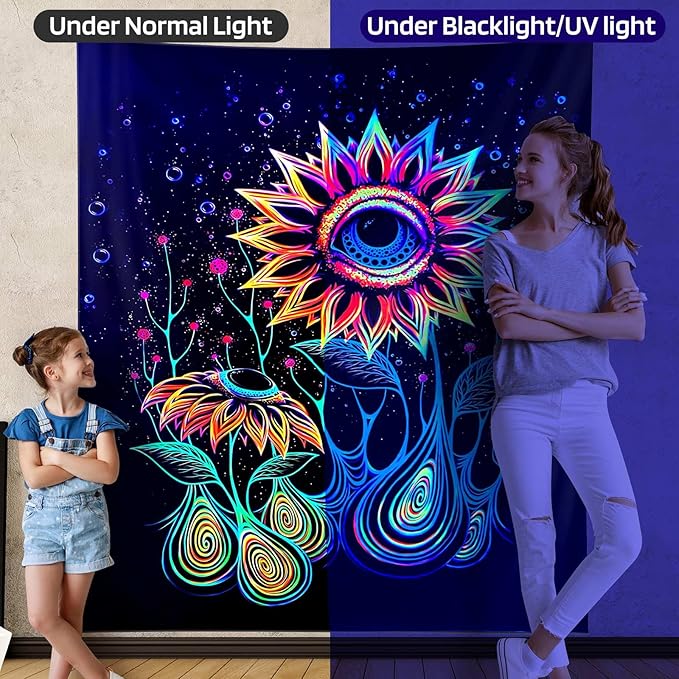ADDWel Blacklight Sunflower Tapestry, Hippie Eye Tapestry Glow In The Dark, UV Reactive Black Light Upright Posters Wall Hanging for Bedroom Dorm Living Room Backdrop Decor-Ruum Studio Home