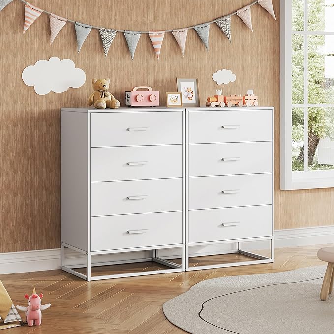 WLIVE White Wood Dresser for Bedroom with 4 Drawers, Tall Chest of Drawers with Sturdy Metal Frame for Living Room, Hallway, Closet-Ruum Studio Home