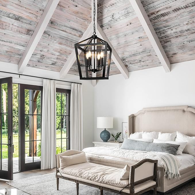 BrightHome Farmhouse Chandelier 4-Light, Black Pendant Light Fixture Ceiling Hanging for Kitchen Island Dining Room, Lantern Industrial Lighting with Metal Cage Adjustable Height for Entryway Foyer-Ruum Studio Home