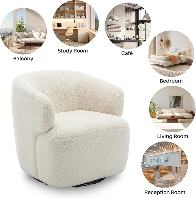 Swivel Accent Chair, Sherpa Teddy Barrel Chair for Living Room, Cozy Round Boucle Arm Chair, Metal Base for Club Nursery Bedroom, Beige Cream White-Ruum Studio Home
