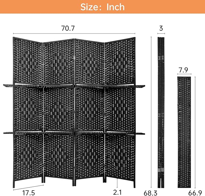 PayLessHere Room Divider Room Screen Divider Wooden Screen Folding Portable Partition Screen Wood with Removable Storage Shelves (Black, 4 Panel)-Ruum Studio Home