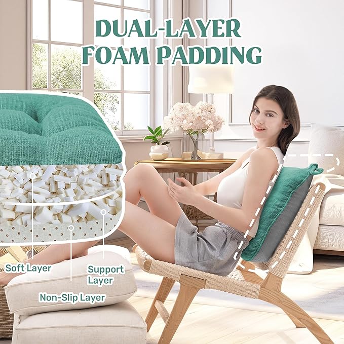 puredown® Chair Cushions for Dining Chairs, Tufted Memory Foam Chair Pads with Non-Slip Backing, Kitchen Seat Cushions with Ties, Washable Seat Pad Set of 4, 15.5" x 15.5" x 4", Green-Ruum Studio Home