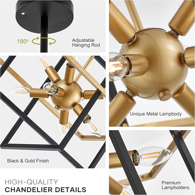 15.8'' Black Gold 8-Light Sputnik Chandelier Modern Industrial Adjustable Hanging Geometric Pendant Light Fixture for Entryway Foyer Stairway Hallway Bedroom Living Room Kitchen Island-Ruum Studio Home