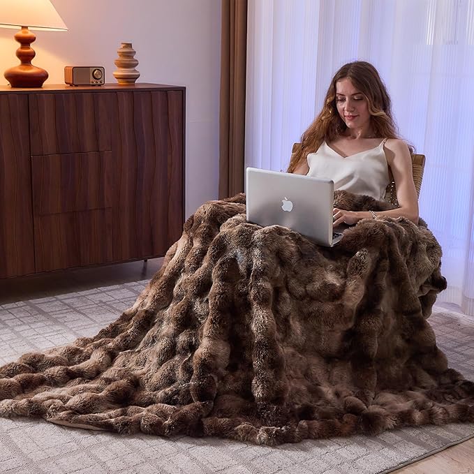 Lotus Karen Faux Fur Throw Blanket Tie-Dye Dark Coffee - Big Bubble Rabbit Fluff Blanket for Couch,Small Fluffy Fuzzy Cozy Blanket,Thick Furry Plush Shaggy Blankets,60x80 Inches-Ruum Studio Home