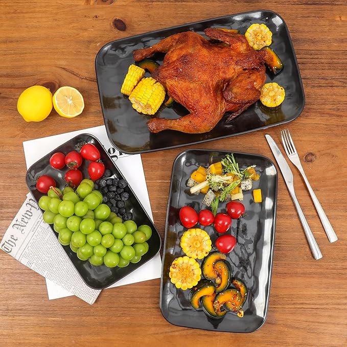 vicrays Ceramic Rectangle Serving Platters - 14" 12" 10" Porcelain Serving Trays Plates for Party BBQ Appetizers Sushi Dessert - Microwave Oven and Dishwasher Safe - Set of 3 Bright Black-Ruum Studio Home