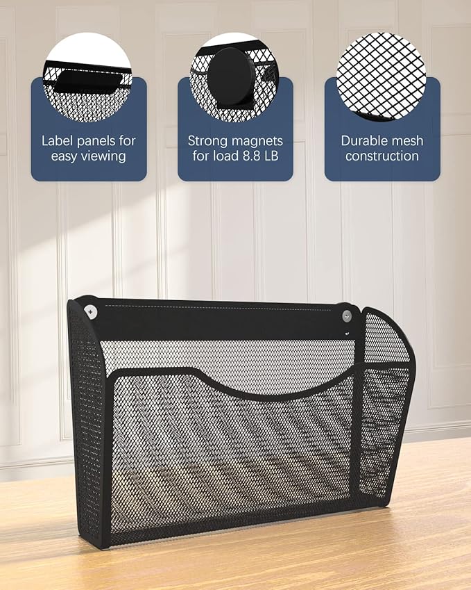 3 Pack 1-Tier Magnetic File Holder - No Drilling Installation File Organizer, Large Capacity Magnetic File Holder for Refrigerator, File Cabinets, Whiteboard, Office, Kitchen-Ruum Studio Home