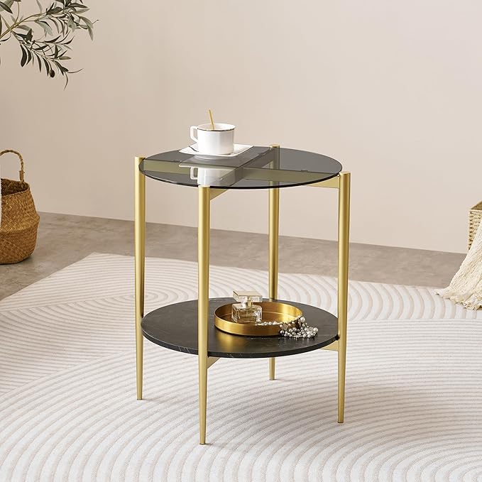 Round Glass End Table, Mid-Century Modern Design Sofa Table for Living Room, D18 x H23 in, 2-Tier Structure, Grey Glass Top and Black Marble Shelf, Sleek Conical Legs with Gold Finish Frame-Ruum Studio Home