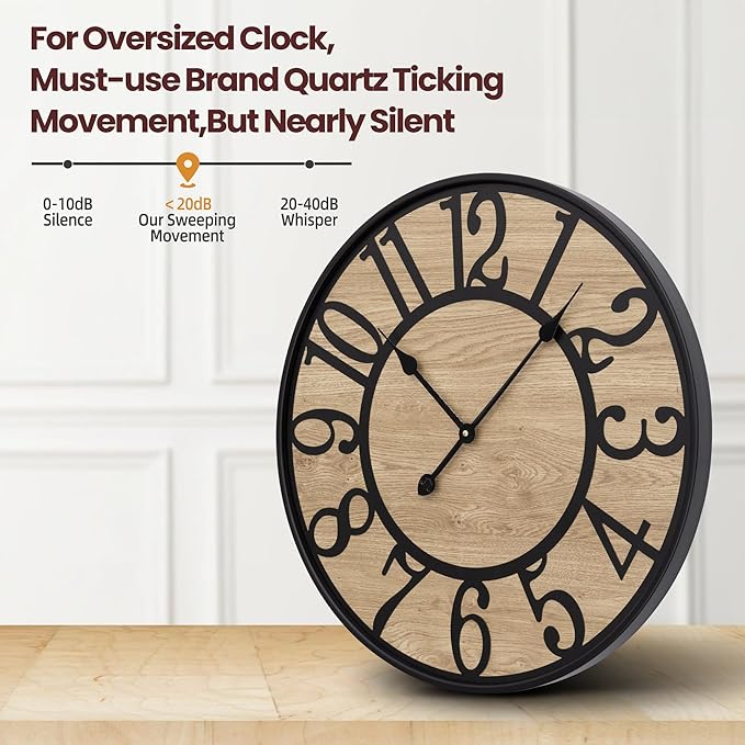 Large Wall Clock for Living Room Decor, Non Ticking Silent, Battery Operated Modern Vintage Wood Oversized Decorative Wall Clock for Bedroom Kitchen Farmhouse Office Decor-Ruum Studio Home