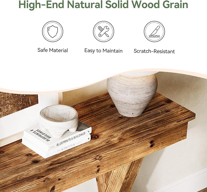 Solid Wood Console Table, 63-Inch Farmhouse Entryway Table with X-Shaped Legs, Real Wood Behind The Couch Table for Living Room, Entrance, Hallway, Easy Assembly-Ruum Studio Home