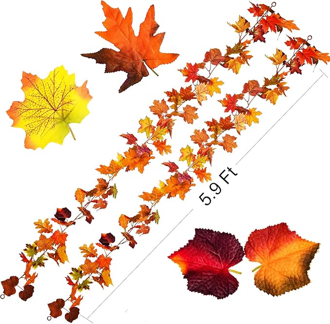 DearHouse 2 Pack Fall Garland Maple Leaf, 5.9Ft/Piece Hanging Vine Garland Artificial Autumn Foliage Garland Thanksgiving Decor for Home Wedding Fireplace Party Christmas (Orange)-Ruum Studio Home