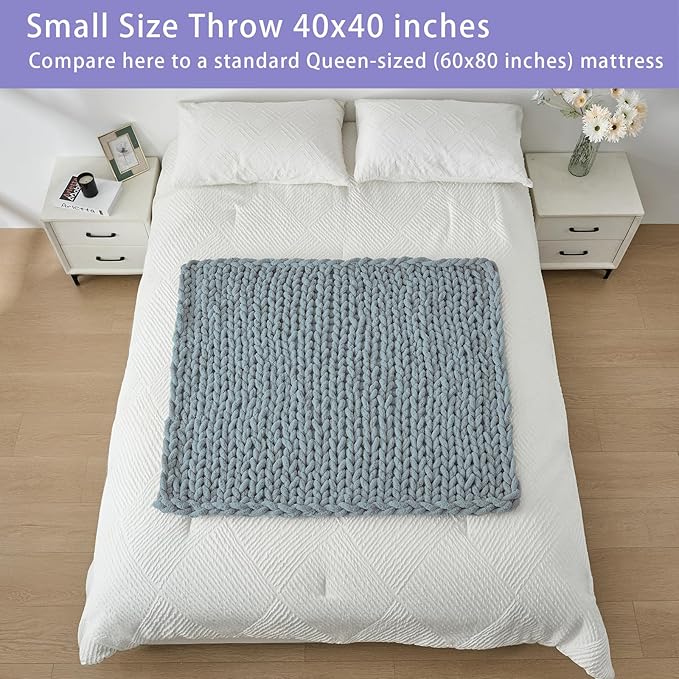 Bigacogo Chunky Knit Throw Blanket for Couch, 40x40 inches, 100% Hand Knitted with Thick Jumbo Chenille Yarn, Cozy Soft Large Rope Knot Cable Crochet Blankets for Sofa Bed Living Room, Dusty Blue-Ruum Studio Home