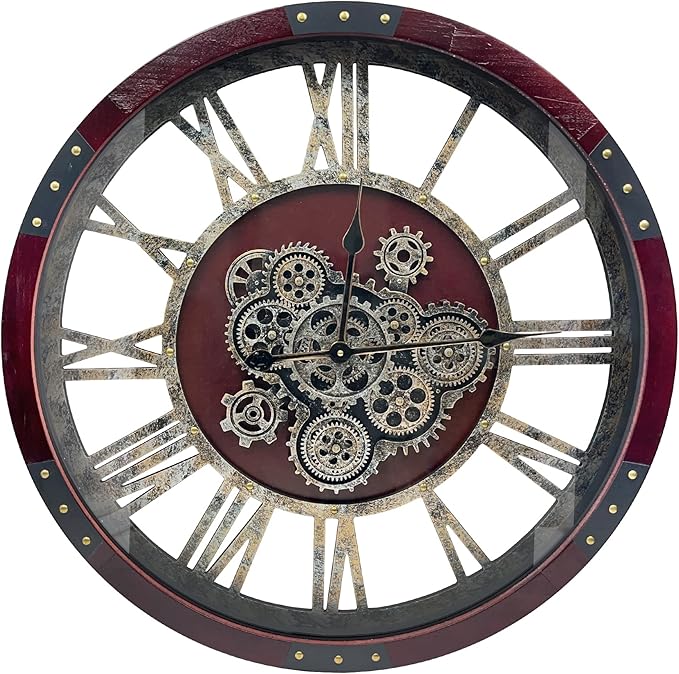 DORBOKER 36" Original Moving Gears Wall Clock, Large Industrial Wall Clock for Living Room Decor,Oversized Wood Vintage Farmhouse Steampunk Rustic Clocks for Wall Decor,Cherry Red-Ruum Studio Home
