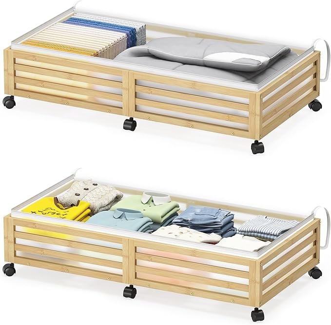 Under Bed Storage with Wheels-Large Bamboo Underbed storage Containers with Large Dust Bag Stackable Under the Bed Shoe Storage Bins for Clothes Books Bedding (2 Packs Nature, 33.07"L×16.54"W× 6.5"H)-Ruum Studio Home