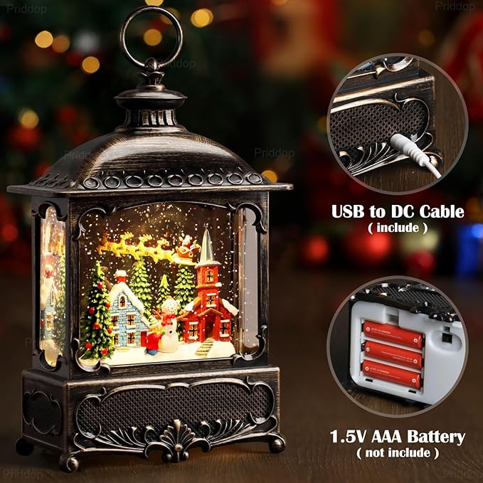 Christmas Snow Globe Lantern Christmas Decorations Gifts Snowman Santa Claus Church Village Scene Musical Glitter Snowfall USB/Battery Timer 12 inch-Ruum Studio Home