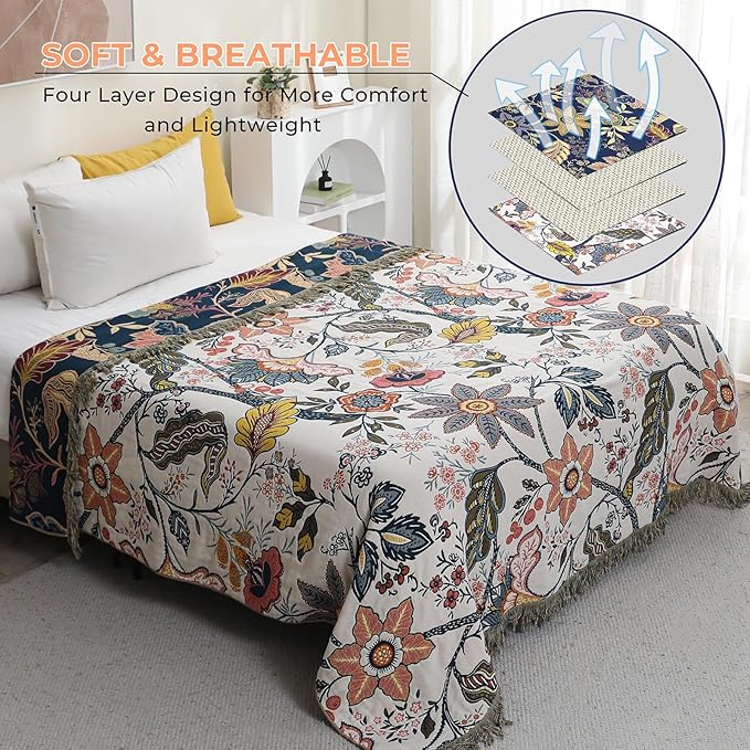 Boho Cotton Throw Blanket - Ultra-Soft Rustic Quilt for Bed, Home Decor & Travel - Large 60"x80" Muslin Blanket - All-Season Lightweight Bedspread & Throw for Women & Moms-Ruum Studio Home