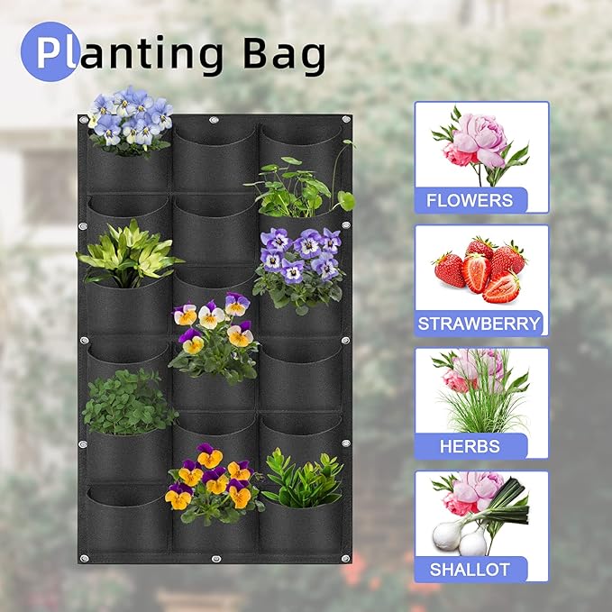 18 Pockets Hanging Planter Bags, Hanging Vertical Wall Mounted Plant Planting Grow Bags, Herb Garden Planter Outdoor Indoor Growing Bag, Gardening Vertical Greening Flower Container(1m×0.5m, Black)-Ruum Studio Home