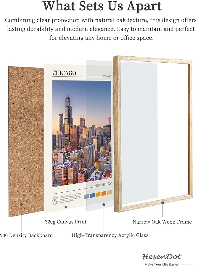 HesenDot Natural OAK Wood Chicago Cityscape Framed Wall Art,12x16in City Skyline Canvas Wall Print,Modern Urban Landmark Wall Decor for Living Room,Bedroom,Office Gallery Gifts Set of 1-Ruum Studio Home