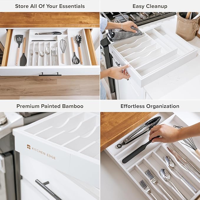 Premium Silverware, Flatware and Utensil Organizer for Kitchen Drawers, Food-Safe Contract Grade, Expandable from 16 to 28 In, White Bamboo-Ruum Studio Home