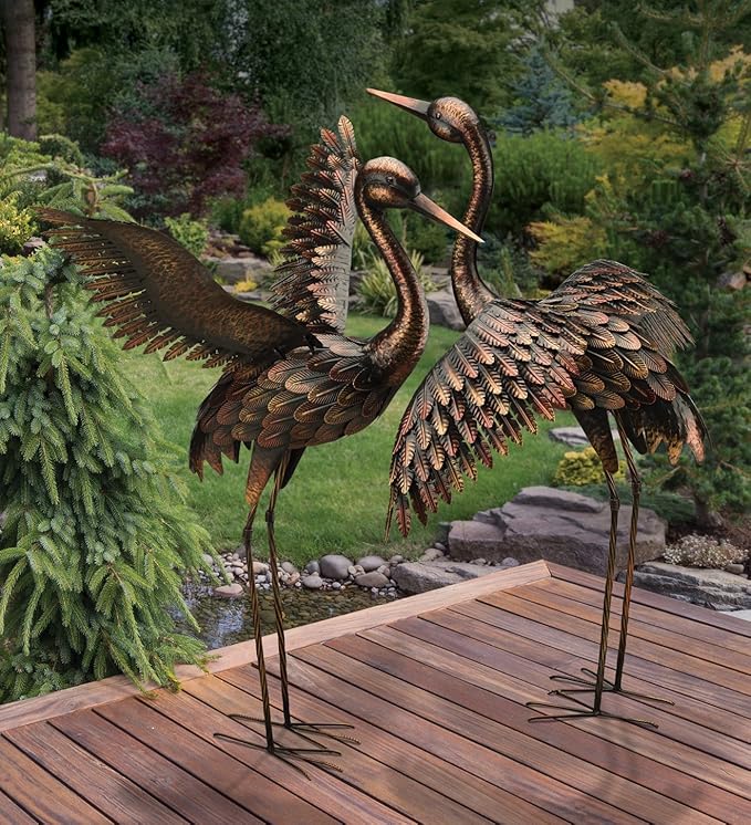 Regal Art & Gift Outdoor Garden Décor, Unique Bird Sculpture, Rustic Metal Bird Statues, Garden Ornaments, Bird Figurine for Lawn, Decorative Sculpture, Crane, Multi, Wings Down, 42" Height-Ruum Studio Home