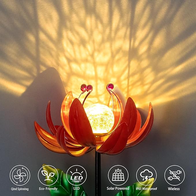 Solar Lights Outdoor Garden Decor, Solar Wind Spinner Yard Decorations for Outside, Lotus Windmill Pathway Lights with LED Cracked Crystal Ball Waterproof Flower Sculpture for Patio Lawn Garden Gifts-Ruum Studio Home