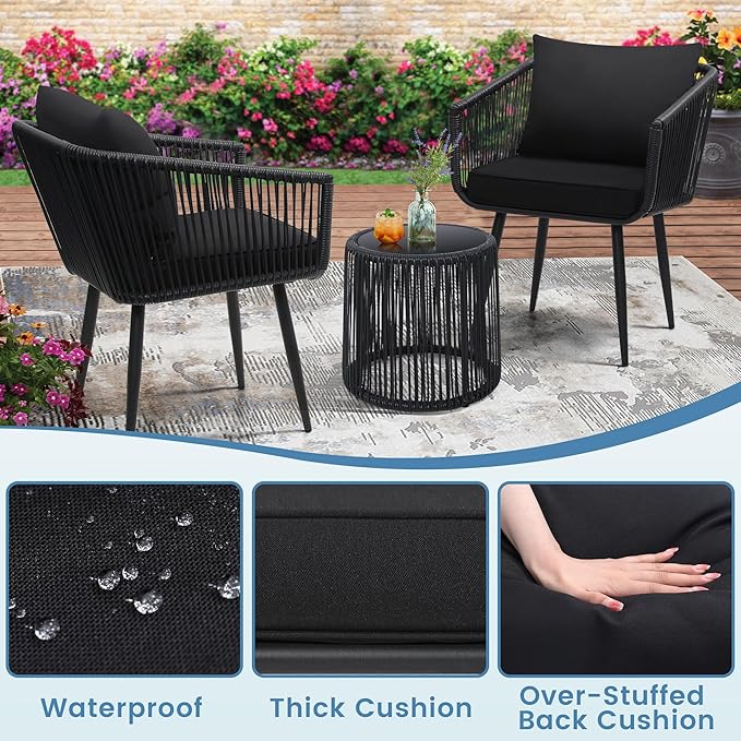 Kromax 3 Pieces Patio Rattan Bistro Conversation Set, Outdoor All-Weather Wicker Furniture Chairs and Side Table Set Ideal for Balcony, Porch and Backyard, Black-Ruum Studio Home