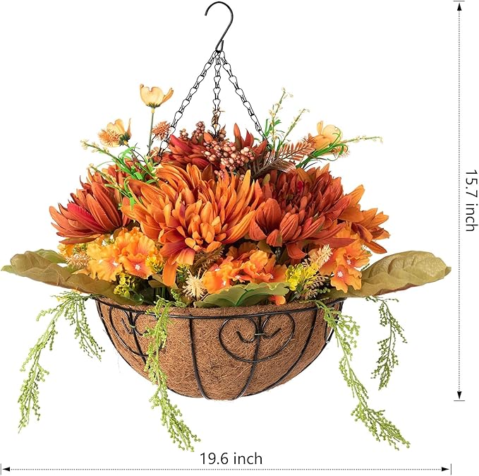 Artificial Fake Hanging Mums Flowers Plants Baskets for Outdoor Outside Decoration, Faux Silk Orange Flower Chrysanthemum UV Resistant Realistic for Porch Patio Balcony Yard Decor-Ruum Studio Home